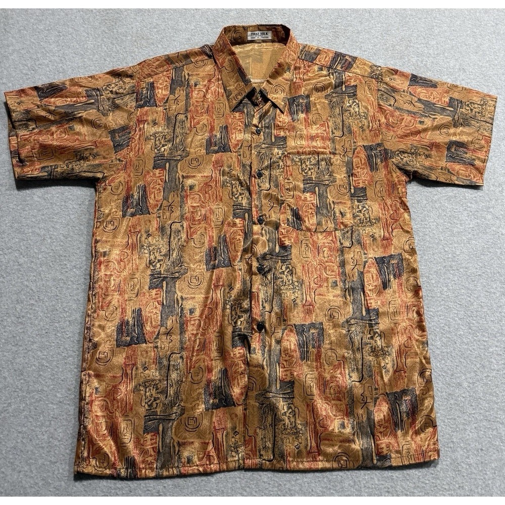 Thai Silk by Apple Collection Men's Large Hawaiian Shirt Copper Red Blue Symbols